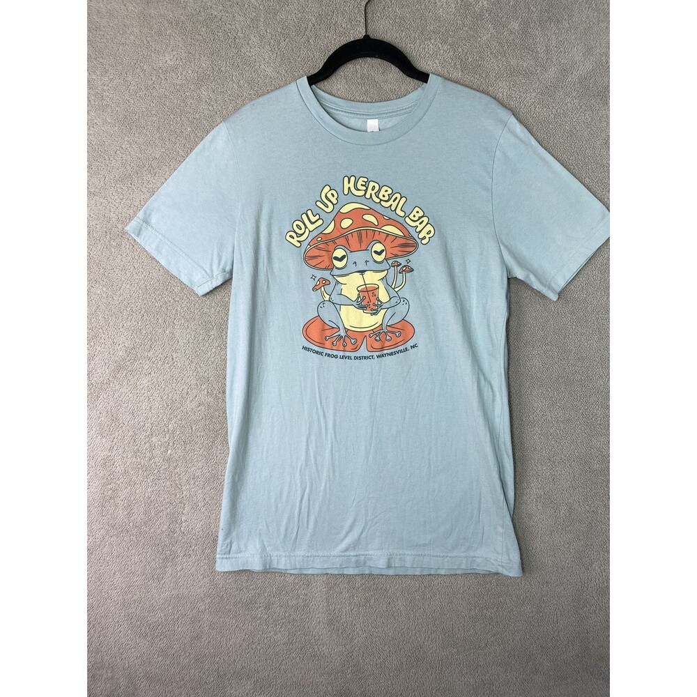 Mushroom Waynesville NC Graphic Tee Shirt Womens Medium Blue Roll Up Herbal Bar